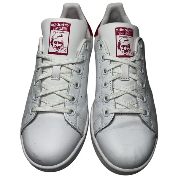 Adidas Women’s Size 6 White Bold Pink Leather Stan Smith Shoes Sneakers - Image 4