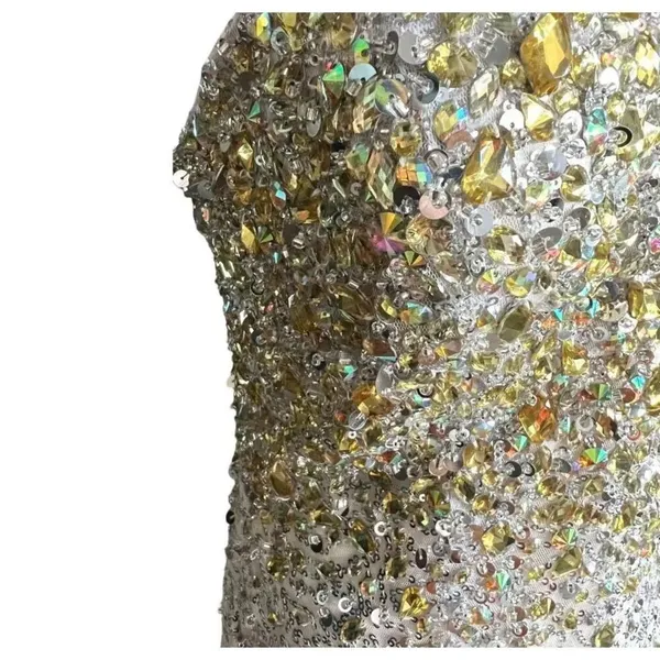Womens Fabuluxe Couture Champagne & Gold Strapless Hand Beaded Fit Dress Gown XL - Image 4