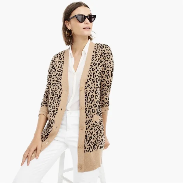 J.Crew Leopard V Neck Merino Wool‎ Blend Cardigan Sweater Womens Size S Preppy - Image 2
