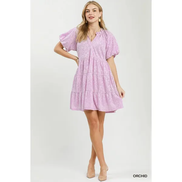 Umgee Jacquard Puff Sleeve Mini Dress - Orchid -‎ Small - Image 4
