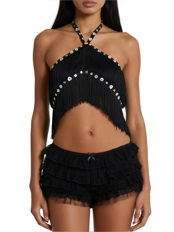 JADED LONDON Asha Fringed Button Crossover Top, Black, XS - Image 2