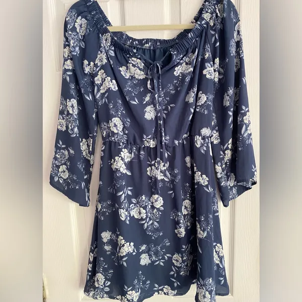 Altar'd State Navy Blue Floral Off-The-Shoulder Bishop Sleeve Mini Dress Small - Image 5