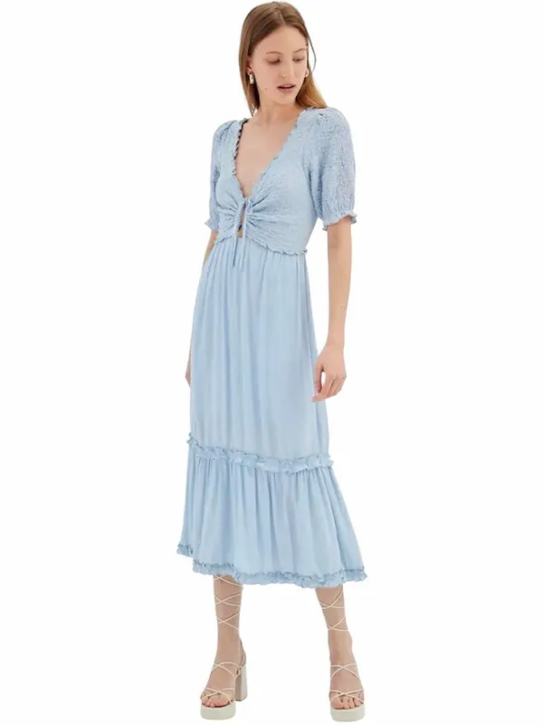 Urban Outfitters Gauzy Blue V-Neck Boho Cottagecore Midi Dress Size Medium - Image 2
