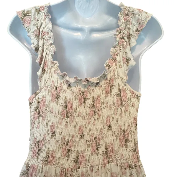 Bums & Roses Maxi Dress Medium Pink Floral Smocked Bamboo Tiered Ruffle Cottage - Image 5