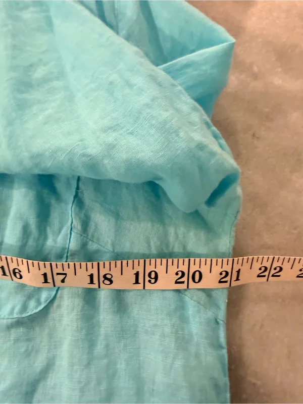 JM Collection Size 14 Aqua Blue Linen Button Down Collarless Beachy Tunic Top - Image 10