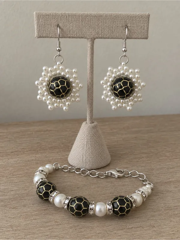 Artisan Bracelet Earrings Set Handcraft Black Gold Enamel Bead Pearl Rhinestone - Image 2