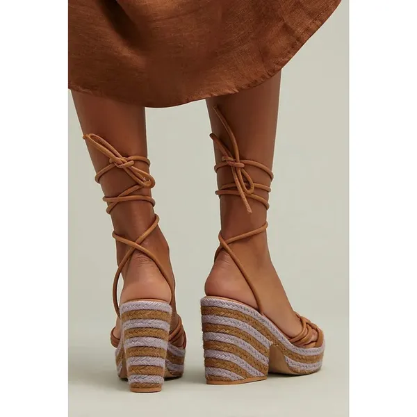 Anthropologie Raffia Purple Brown Woven Espadrille Platform Lace Up Sandals 9 - Image 2