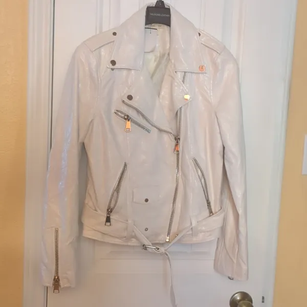 Silence & Noise White Faux Leather Biker Jacket Size M - Image 3