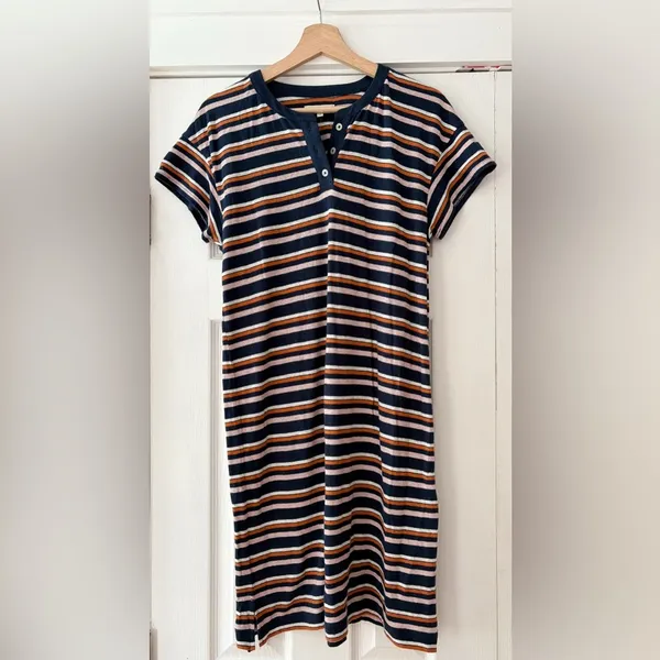 Madewell Striped Navy‎ Orange Pink Henley Dress NWT Size Small Hemp Cotton Blend - Image 6