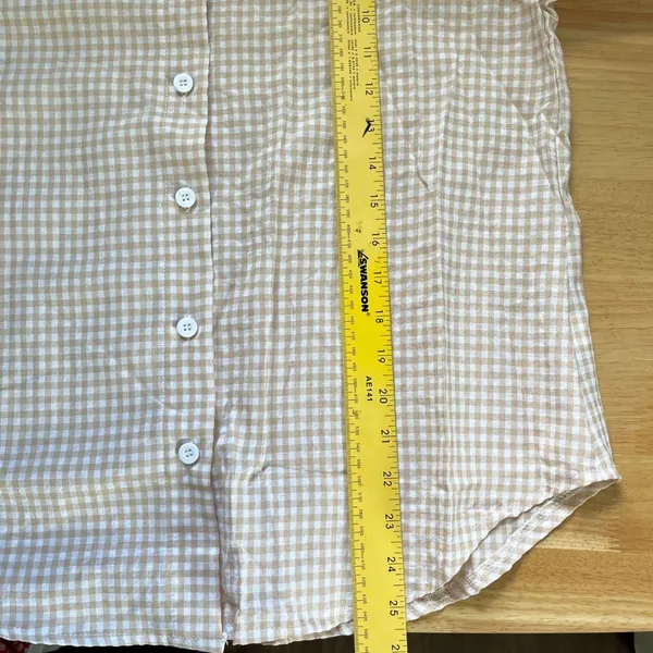 100% Linen Lightweight Button Up Blouse Shirt Tan White Gingham Plaid S - Image 6