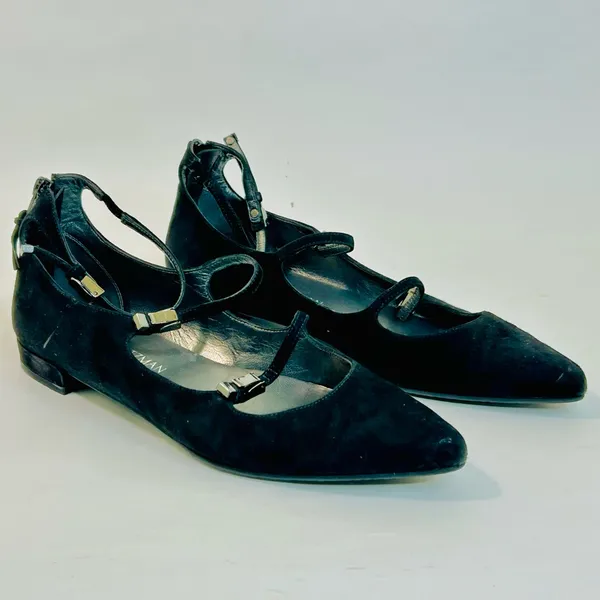 Stuart Weitzman 'Flippy' Three-Strap Mary Jane Flats in Black Suede size 7.5 - Image 7