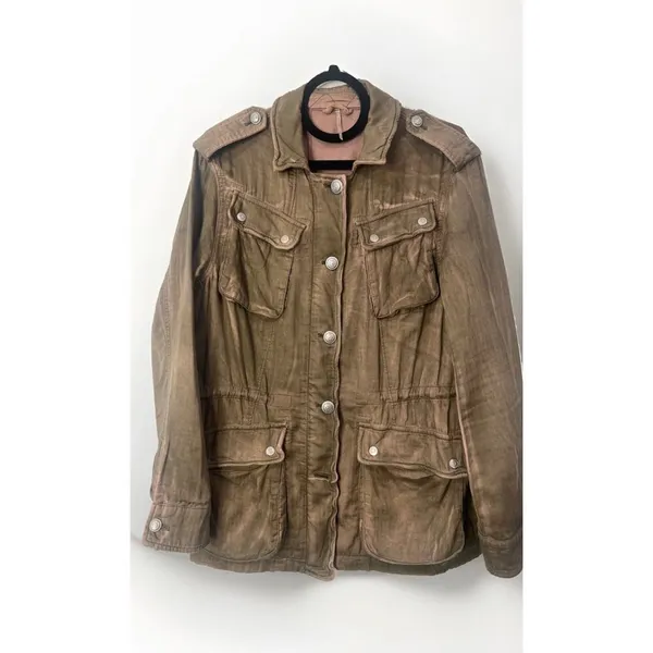 Free People Washed Olive Distressed Surplus Utility Jacket Pink Faded Small - Image 4