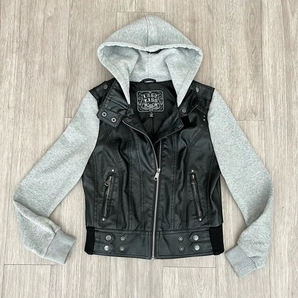Last Kiss Y2K Black Leather Hybrid Gray Hooded Zip Moto Jacket Size Medium - Image 6