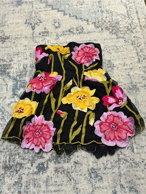 By Anthropologie Strapless Floral Organza Mini Dress Petite Medium - Image 3