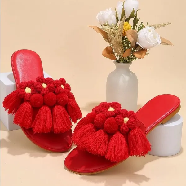 New Red Slide Sandal Tassel Pom Pom Faux Suede Slip On Bohemian Sz-8 - Image 2