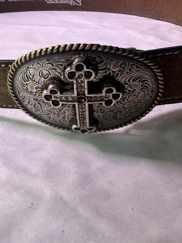 Nocona Brown Leather Belt with Ornate Cross Oval Buckle - Image 3