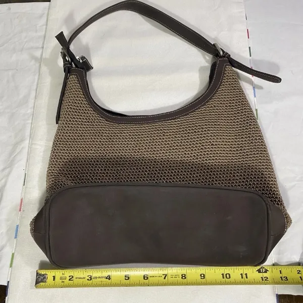 The Sak Woven Crochet Hobo Shoulder Bag Brown Leather Trim Zip Top - Image 3