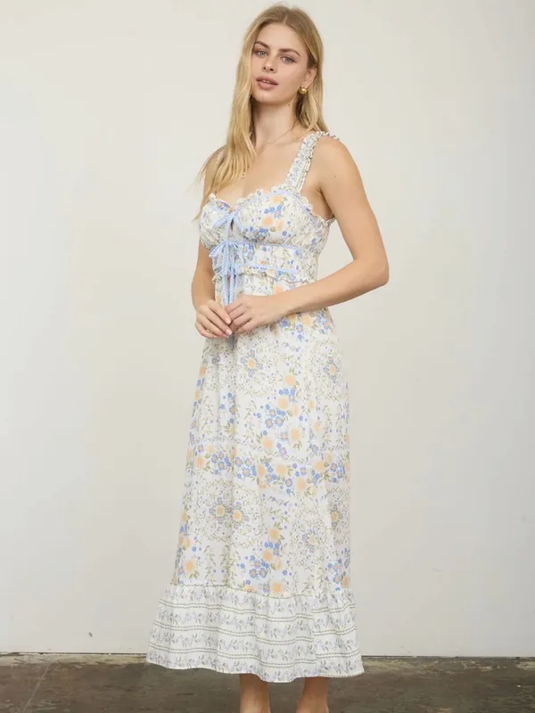 NEW Blu Pepper Blue Multi Floral Front Tie Midi Dress Large Sundress - Image 4