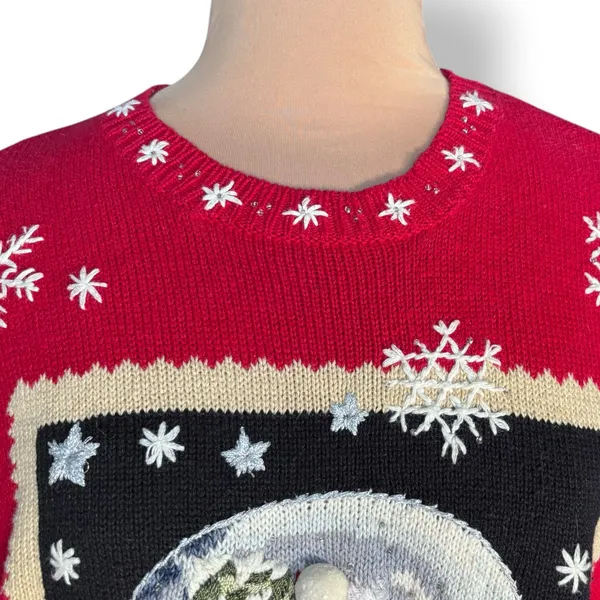 Vintage Y2K Tiara International Santa‎ Snow Globe Red Christmas Holiday Sweater - Image 2