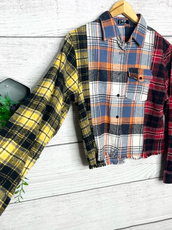 Jolie & Joy Patchwork Plaid Cut Off Button Up Shirt Jacket Shacket Size Large Yellow - Image 7