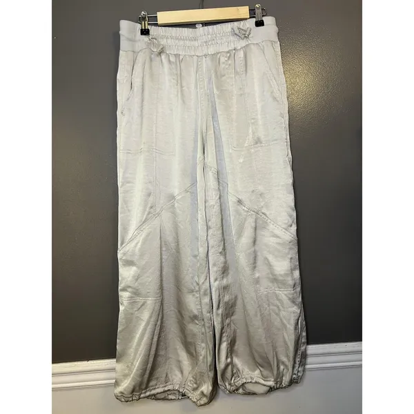 Anthropologie Pants Womens Medium Silver Satin Jogger Elastic Waist Cuffed - Image 2