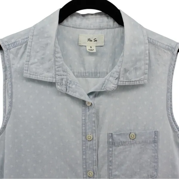 Per Se‎ Baby Blue White Polka Dot Chambray Button up Vest Country Rodeo Size S - Image 3