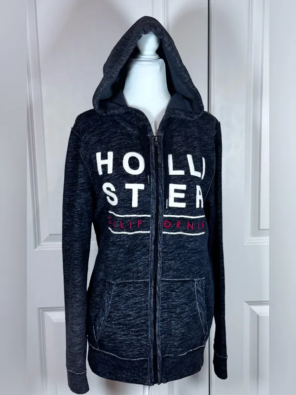 Hollister Y2K Zip Hoodie Gray Embroidered Logo California Fleece 2000s Street S - Image 3