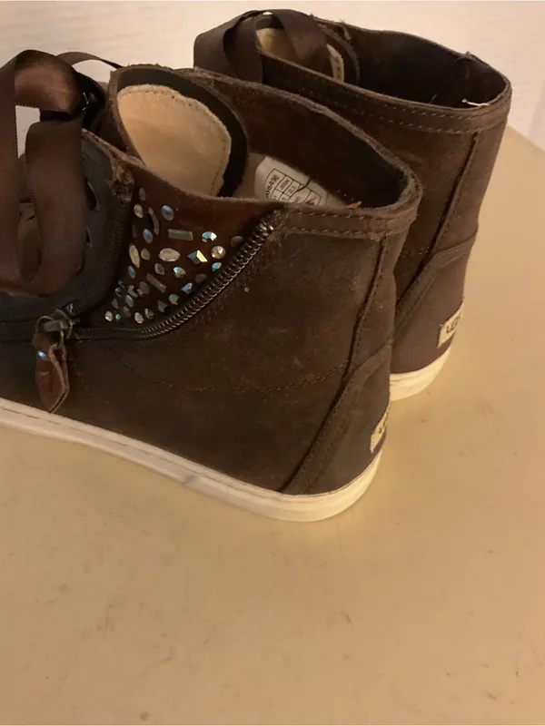 UGG Women's Dark Brown leather High-Top Sneakers with Ribbon Laces US 8.5 - Image 6