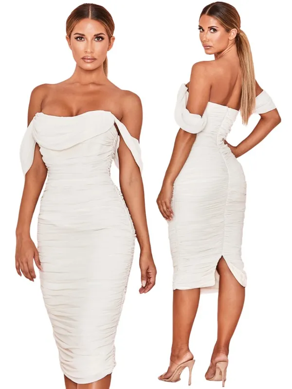 House of CB Carlotta Ruched Draped Chiffon Dress Womens XS Ivory Formal Cocktail - Image 3