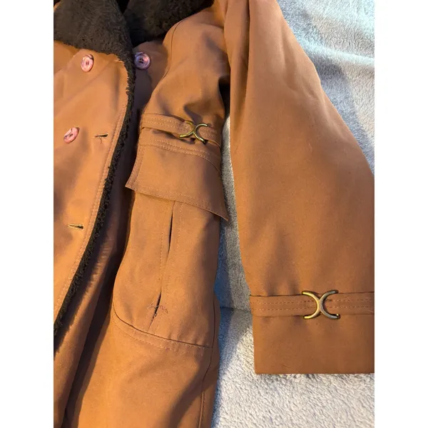 Vintage Camel Brown Double Breasted Faux Fur Collar Trench Coat Jacket Size 8 - Image 7