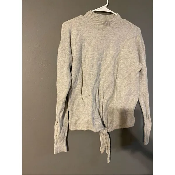 Loft Light Gray Mock Neck Sweater Tie Front Wool Blend Sz XS - Image 4