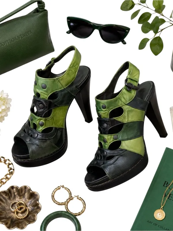 Bottega Veneta Green Leather Cutout Platform Heels EU 38 Rare Archive COA in FUC - Image 2