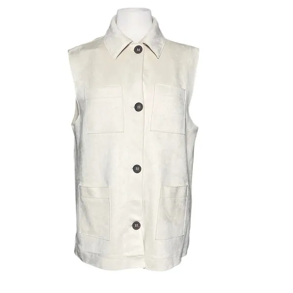 NWT ZARA Women’s Cream Faux Suede Button Up Sleeveless Pocket Vest - Image 2