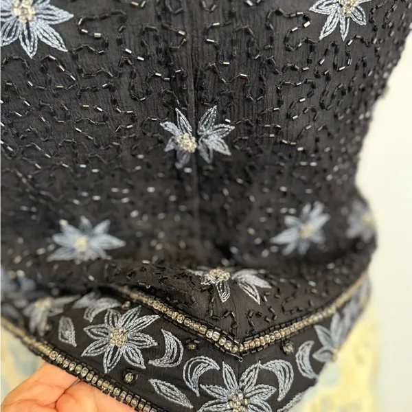 Vintage Cote d’Azur Black Beaded Top | Silk Floral Embroidery size small - Image 7