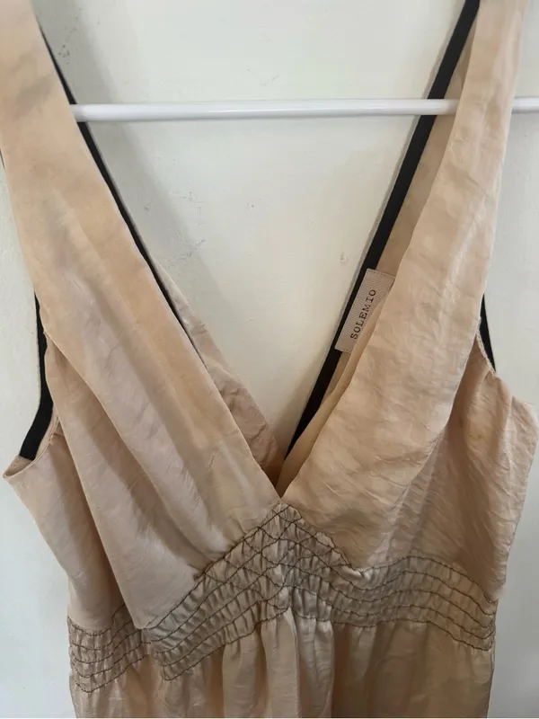 Vintage Y2K Solemio Cream V-Neck Smocked Waist Slip Dress - Image 4