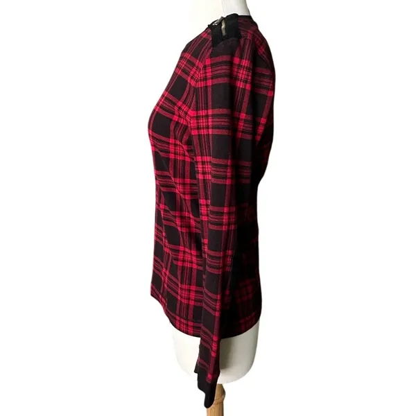 Lauren Ralph Lauren Plaid Top Red Black Shoulder Zip Elbow Patch Size L - Image 4