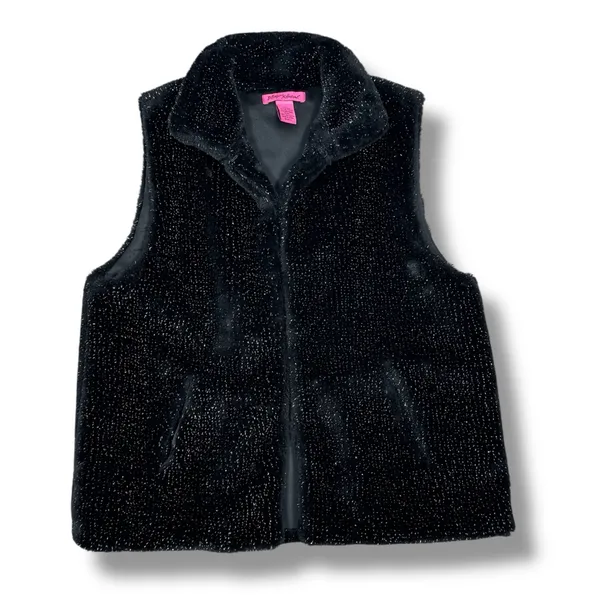 Betsey Johnson Faux‎ Fur Vest Black Metallic Silver Shimmer Large - Image 11