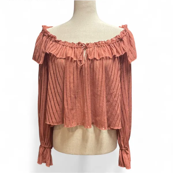 By Anthropologie Long-Sleeve Sheer‎ Striped Crop Blouse Rose Pink Off Shoulder - Image 2