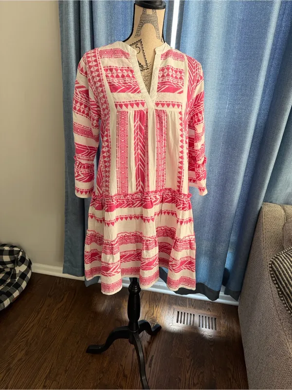 THML Pink & White Embroidered Tiered V-Neck Dress size-S - Image 2