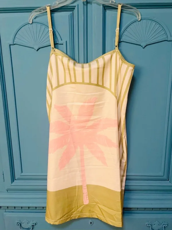 Shein Green & Cream Cabana Striped Pink Palm lightweight Beach Dress - Image 2