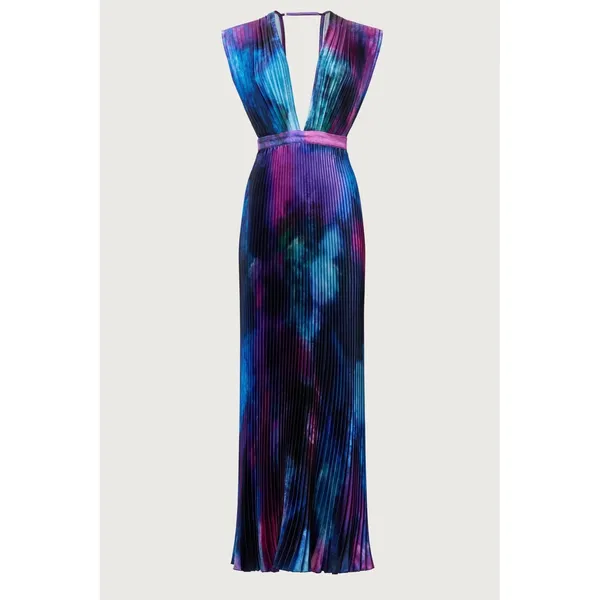 L'IDÉE Printed Gala Gown Pleated Deep Sea Blue Purple Tie Dye Maxi Dress 8 - Image 10