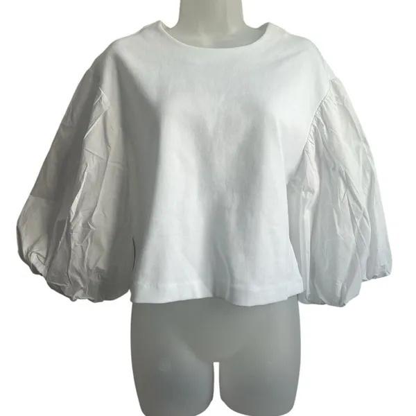 NWOT English Factory Balloon Sleeve Crew Neck Blouse White Size Medium - Image 3