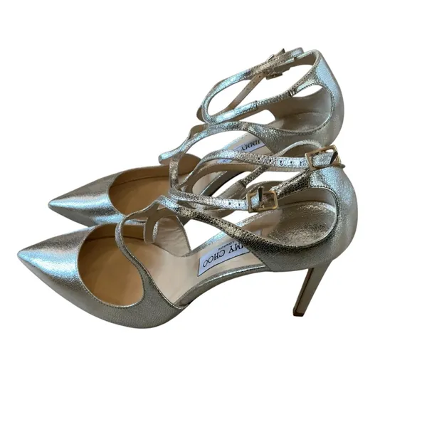 Jimmy Choo silver metallic leather pumps size 41 strappy heels pointy toe - Image 3