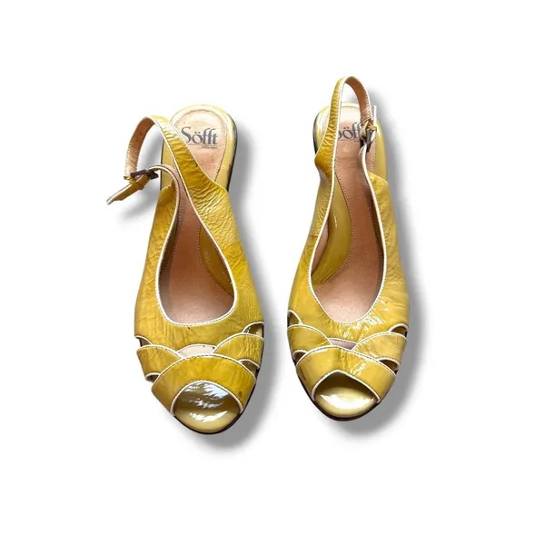 Sofft Slingback Heels Womens 10 Mustard Yellow Patent Leather Peep Toe Pumps - Image 2