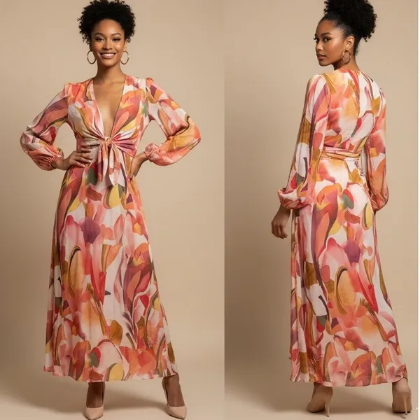 Petal & Pup Laquin Long Sleeve Maxi Dress Abstract Floral Cutout Bow Back Large‎ - Image 2