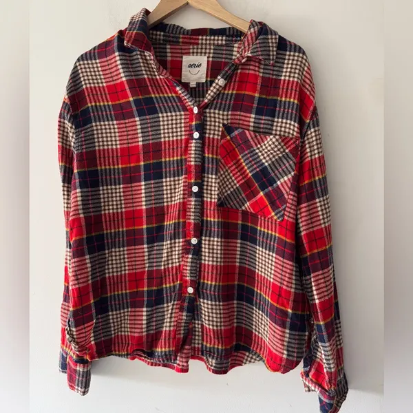 Aerie Red‎ Plaid Flannel Cotton Cozy Long Sleeve Pajama Lounge Button Down Top - Image 2
