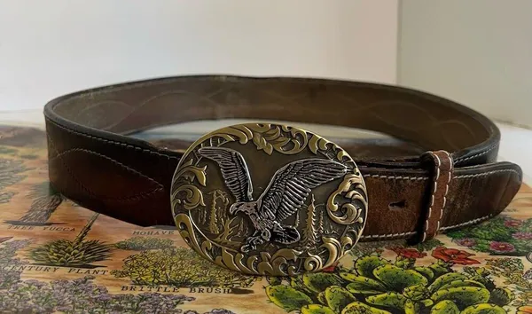 Vintage Distressed Stitched Brown Genuine Leather Eagle Buckle Belt - L - Image 9