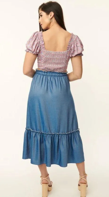 Unique Vintage NWT 1970s Chambray Ruffle Tiered Midi Skirt X-SMALL - Image 3