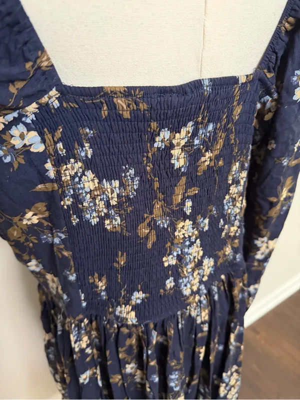 Arula Gracie Dress Fit & Flare Floral Square Neckline Pleats Smocked Ruffle Blue - Image 9