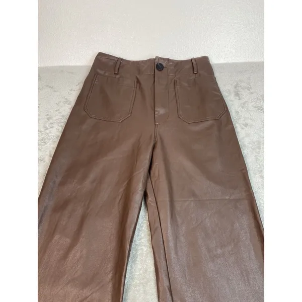 Anthropologie Wide-Leg Pants Brown Faux Leather Stretch Pockets Women's Tall 28T - Image 6